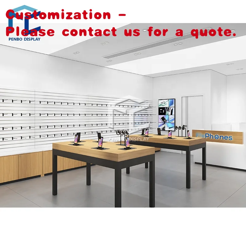 

custom.Fashion Simple Computer Mobile Phone Shop Design Decoration Custom Store Table Showcase Wood Cell Phone Displa