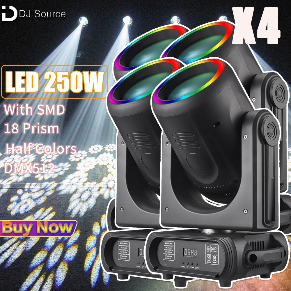 4Pcs/lot 250W Moving Head Light Beam Spot LED Stage Lights With Ring 18 Prism DMX512 For DJ Disco Bar Party Club Stage Effect