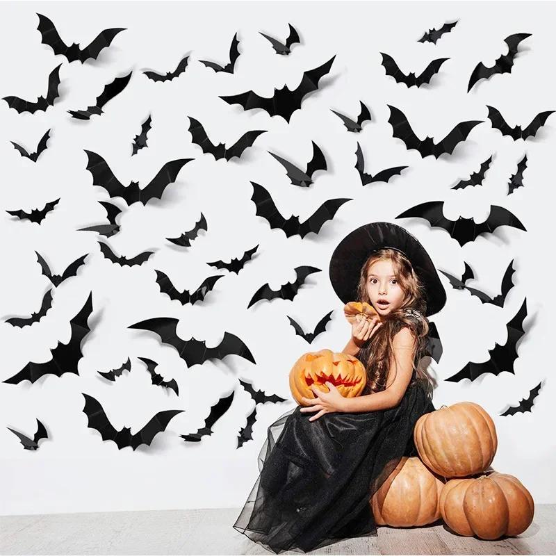 2026 3D Black PVC Bat Wall Stickers Halloween Atmosphere Decor DIY Bat Decals Kids Room Home Festival Wallpaper Ornament Supply