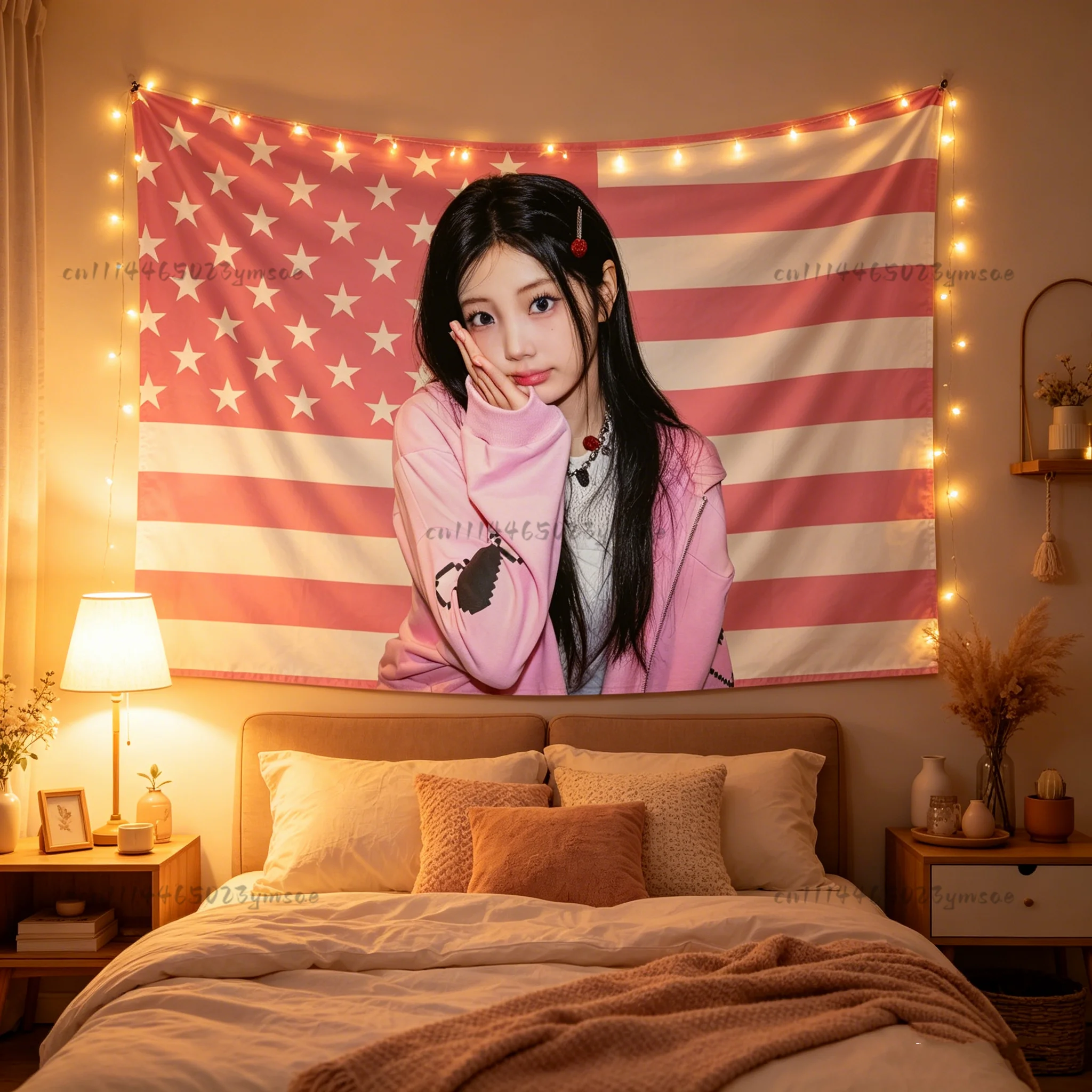 Kpop Poster W-Wonhee Pink Amerikanische Flaggen Wandteppich Kopfteil Ästhetische Innenwanddekoration Kpop-Fan-Geschenke Konzertbanner – Detail 5