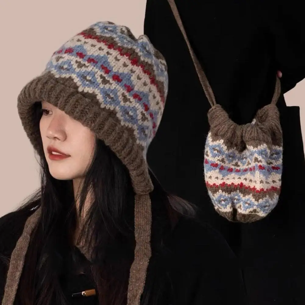 New Women Ethnic Style Striped Spliced Knitted Woolen Hat for Autumn and Winter Thickened Warm and Cold Resistant Ear Protection