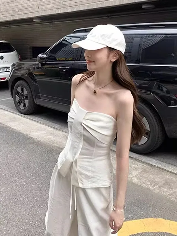 

Pure Desire Wind Folded Tube Top Vest Women's Casual High Waist White Straight Leg Pants Two Piece Set Summer Fashion Outfit