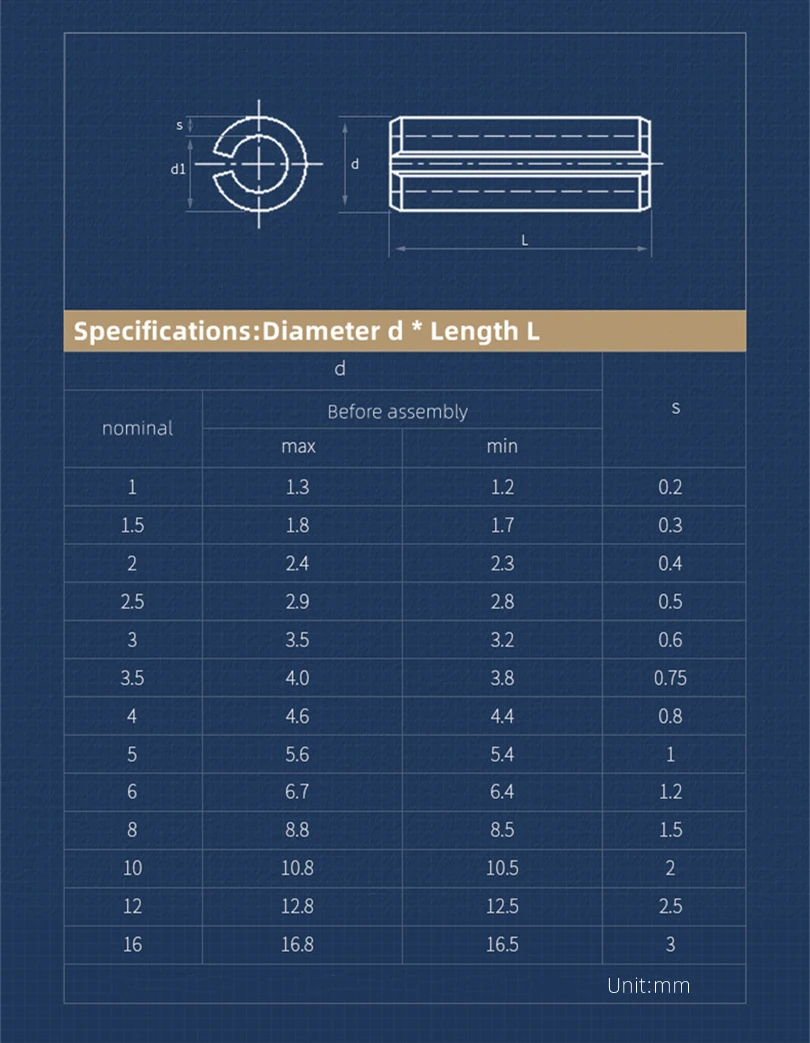 M1.5 M2 M2.5 M3 M4 M5 M6 M8 M10 Black 65 Manganese Steel Elastic Pins Cylindrical Pin Locating Pin Cotter Pin