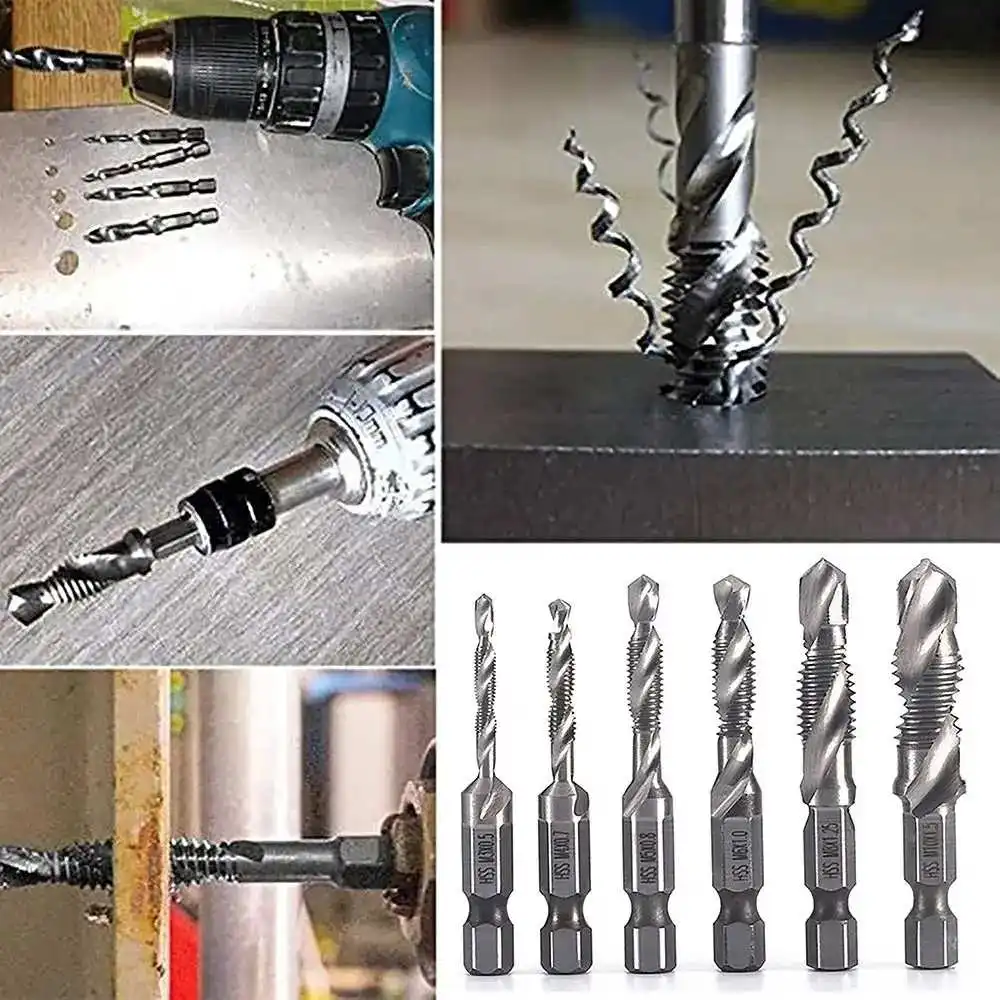 6Pcs Tap Drill Bit Set Hex Shank Titanium Plated HSS Screw Thread Bit Screw Machine Compound Tap M3 M4 M5 M6 M8 M10 Power Tools