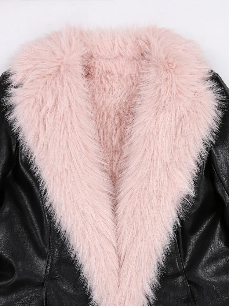 Nerazzurri Winter Long Black Fitted Thick Warm Pu Leather Coat Women with Pink Hairy Shaggy Fluffy Faux Fur Inside Runway Parka