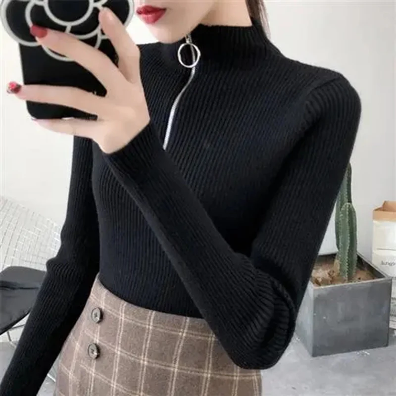 2025 Knitted Women Zipper Half High Neck Sweater Pullovers Autumn Winter Women Sweaters Slim Solid Knitwear Pull Femme Tops