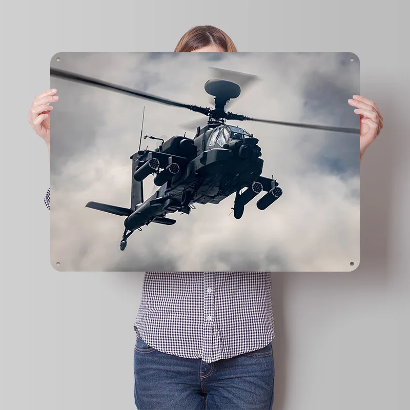 Apache Helicopter in Flight 3D Texture Metal Poster Customized Wall Art Tin Sign Gift for Mancave Living Room Decoration House