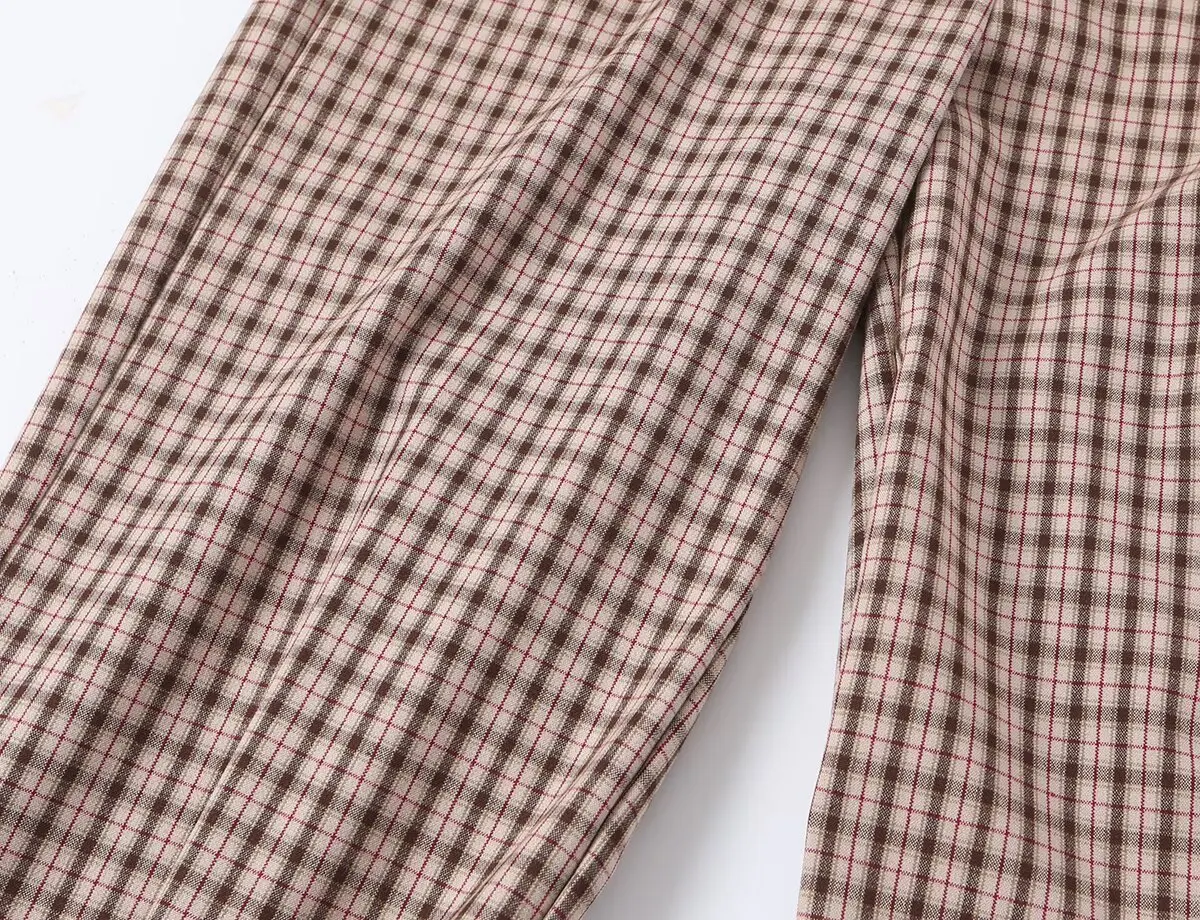 KONDALA Schickes Damen-Herbst-Freizeit-Karomuster-Anzug-Set, schmales Kurzarmhemd + gerade lange Hose mit Reißverschluss, modisch 2026, Vintage-Büro-Set – Detail 19