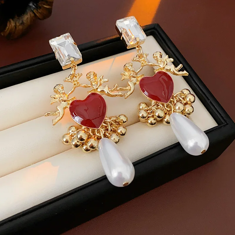 Vintage Silver Needle Drop Oil Love Earrings for Women Vintage Light Luxury Beads Tassel Drop Earring Luxury Designer Jewelry