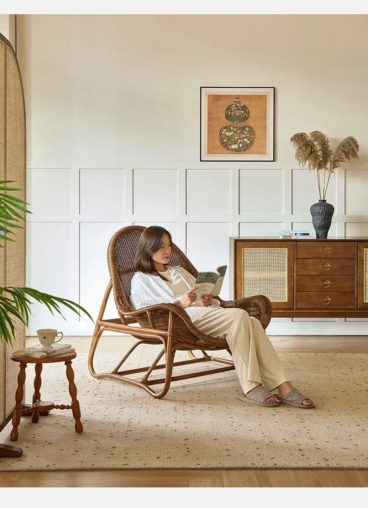 

Medieval solid wood sofa chair retro home leisure chair balcony handmade rattan lazy stool