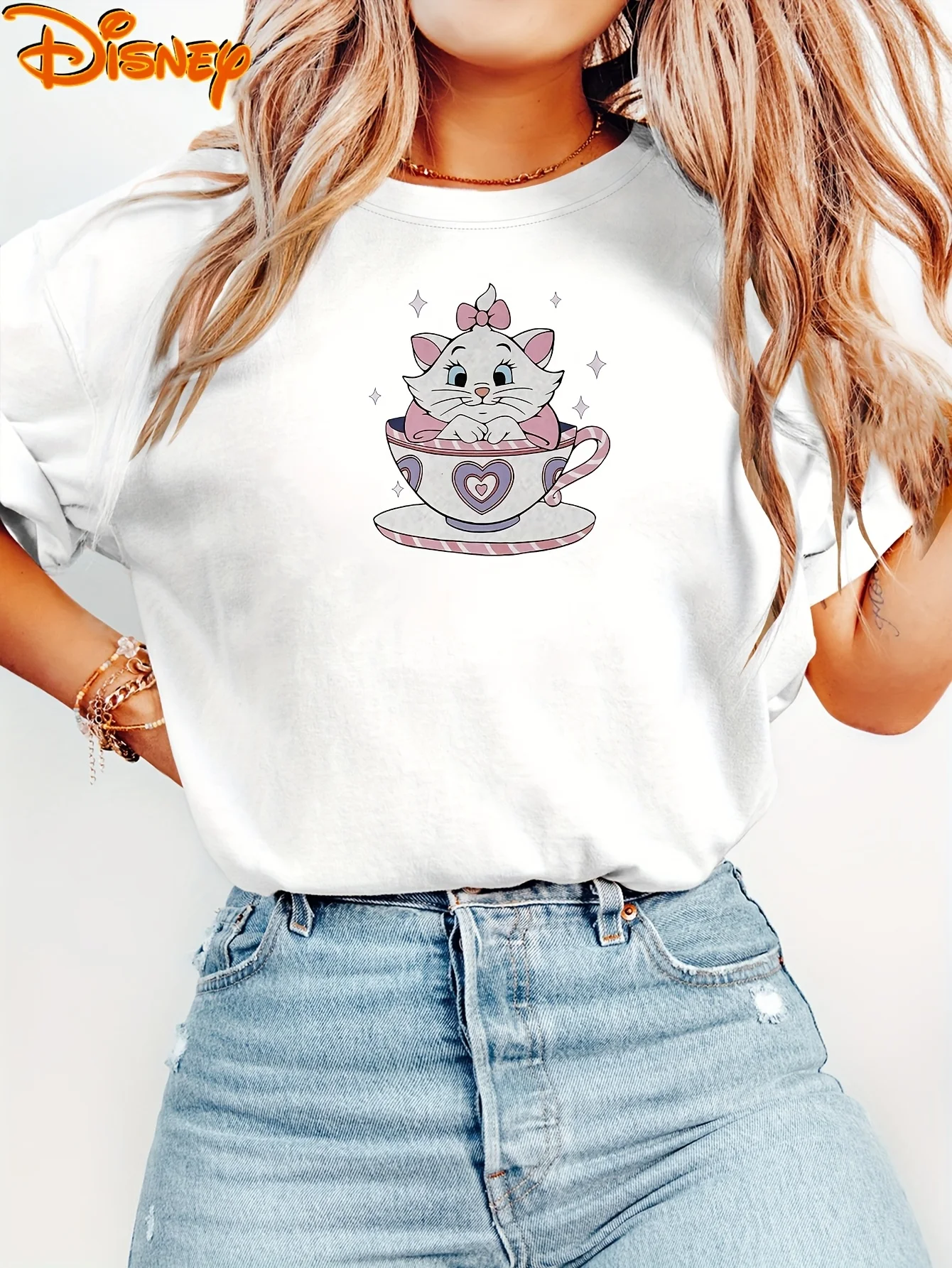 

2025 Disney Pattern Printed Women's Casual Comfortable Unique Smiling Face Black Round Neck Short Sleeve T-shirt