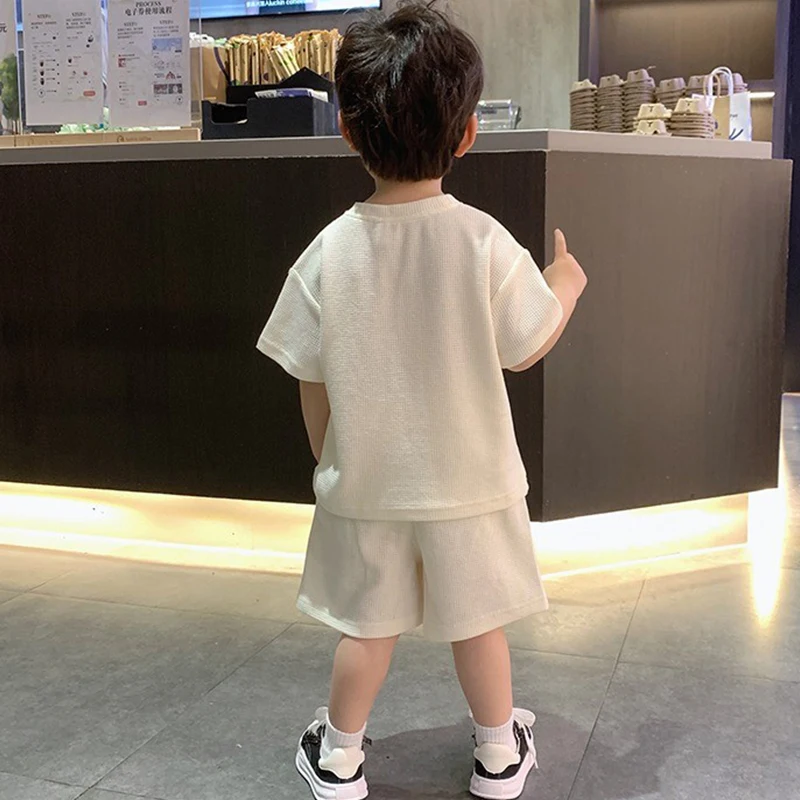 1-12Y Kids Boys T-shirt+Shorts 2-piece Clothes Set Korean Style Fashion Handsome Suit Cartoon Bear Summer Sports Casual Clothing