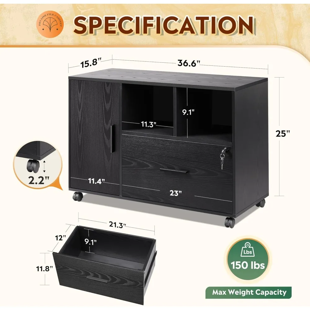 خزانة ملفات مكتب DEVAISE مع قفل، خزانة ملفات جانبية خشبية ذات درج واحد على عجلات، حامل طابعة مع أرفف تخزين مفتوحة f
