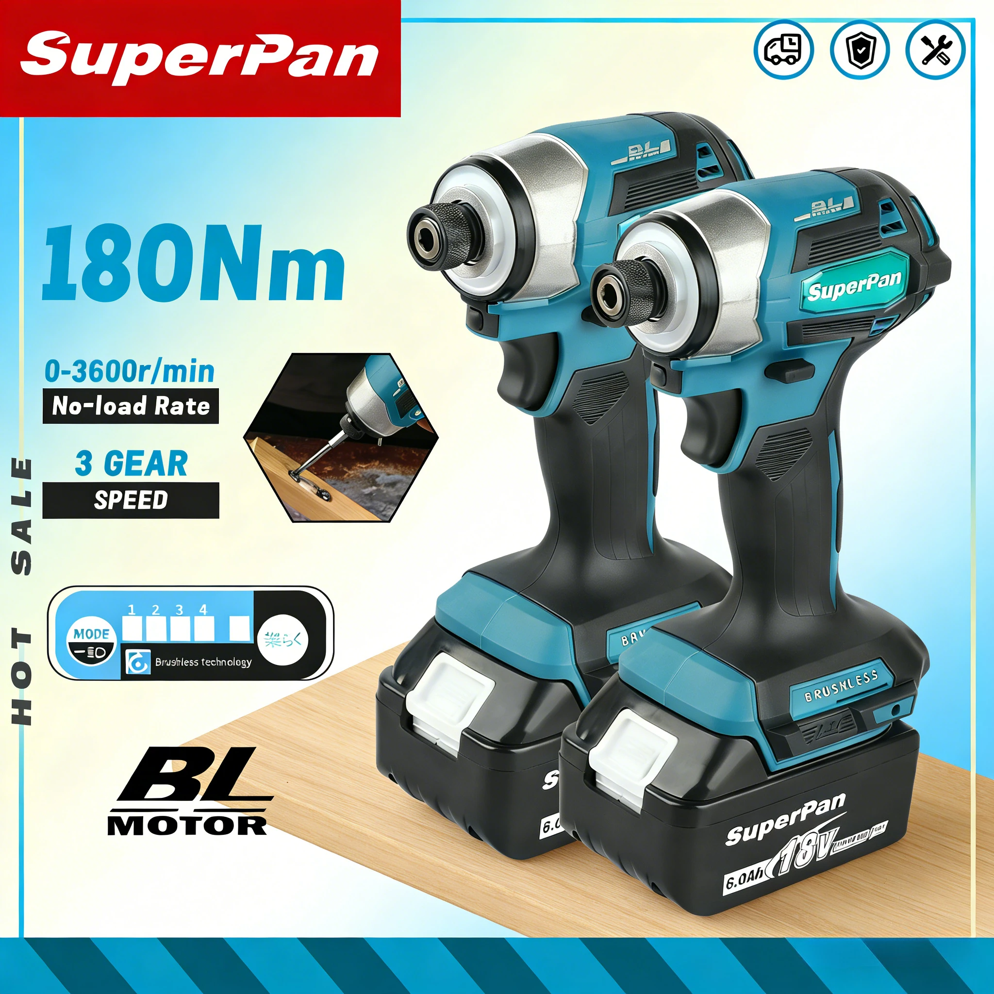 

SuperPan SP173 Cordless Brushless Impact Driver 6.0Ah 3-speed for Furniture Assembly Woodworking for makita 18V battery pin
