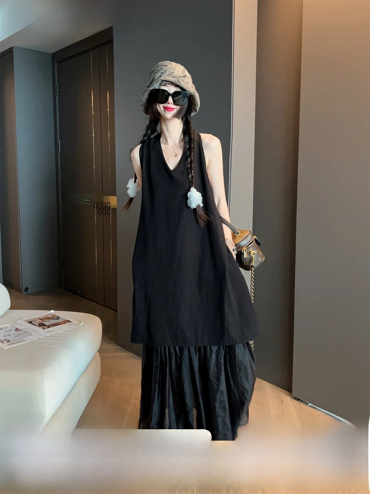 

Summer Svel V-Ne Vest Dr Loose Casual Fake Two-Piece Women's Dr Commute Sle Pure Color Long Dr