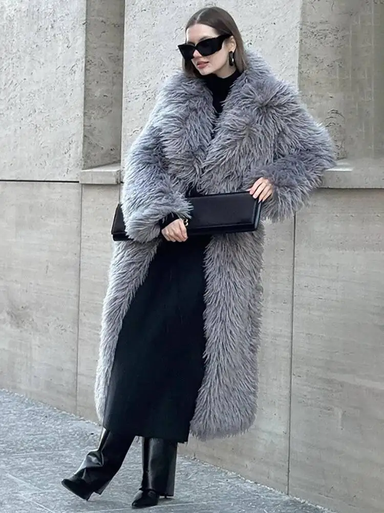 

DEAT Fashion Gray Long Imitation Fur Coat Women's Lapel Loose Long Sleeves Plush Thick Overcoat Winter New G0LY