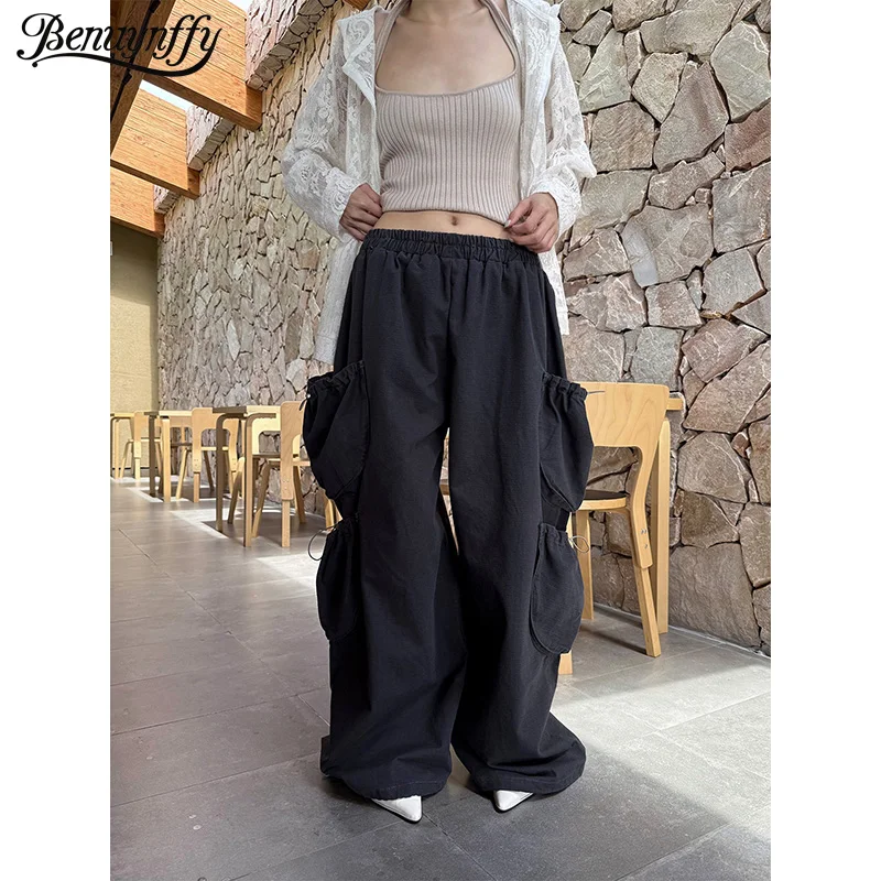 Benuynffy Streetwear Retro Multi-pocket Drawstring Cargo Pants Women 2026 Autumn New Korean Fashion 2000s Loose Wide Leg Pants