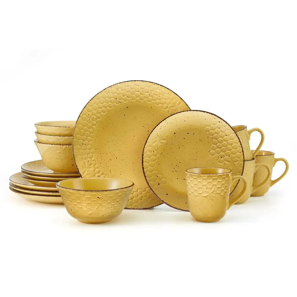 

Round Bumblebee Yellow Dinnerware Set 16-Piece Stoneware Honeycomb Accents Mug Bowl Salad Plate 10.5-inch Embossed Honeybee