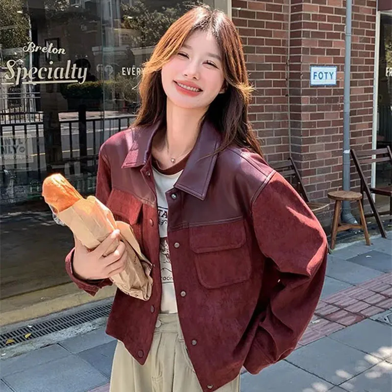 Emenda jaqueta de couro superior feminino casaco de couro do plutônio 2025 outono nova imitação feminina pele de veado retalhos jaquetas de couro