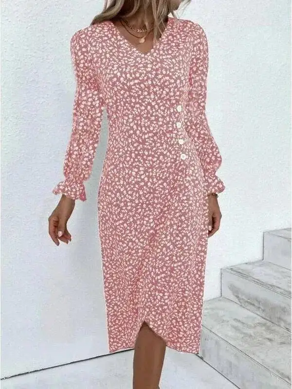우아한 플로럴 플리츠 H라인 미디 드레스 여성용 V넥 퍼프 소매 허리 주름 버튼 드레스 여름 원피스 WJR8