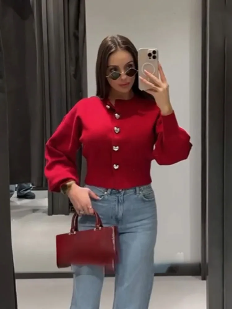 HH Women Fashion Solid Tops Heart-shaped Buttons Cardigans Female Spring Casual Long Sleeve O-Neck Knitting Sweaters Coats