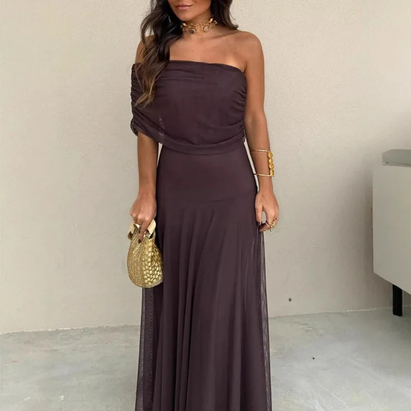 Elegante off-shoulder splitsen mesh feestjurken vrouw sexy strapless effen geplooide lange jurk zomer backless holle boho jurk
