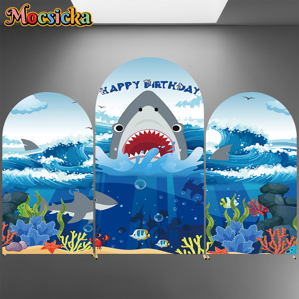 Mocsicka Shark Arch Backdrop Cover Elastic Double-Sided Blue Ocean Waves Fish Decor Happy Birthday Party Photo Arched Background