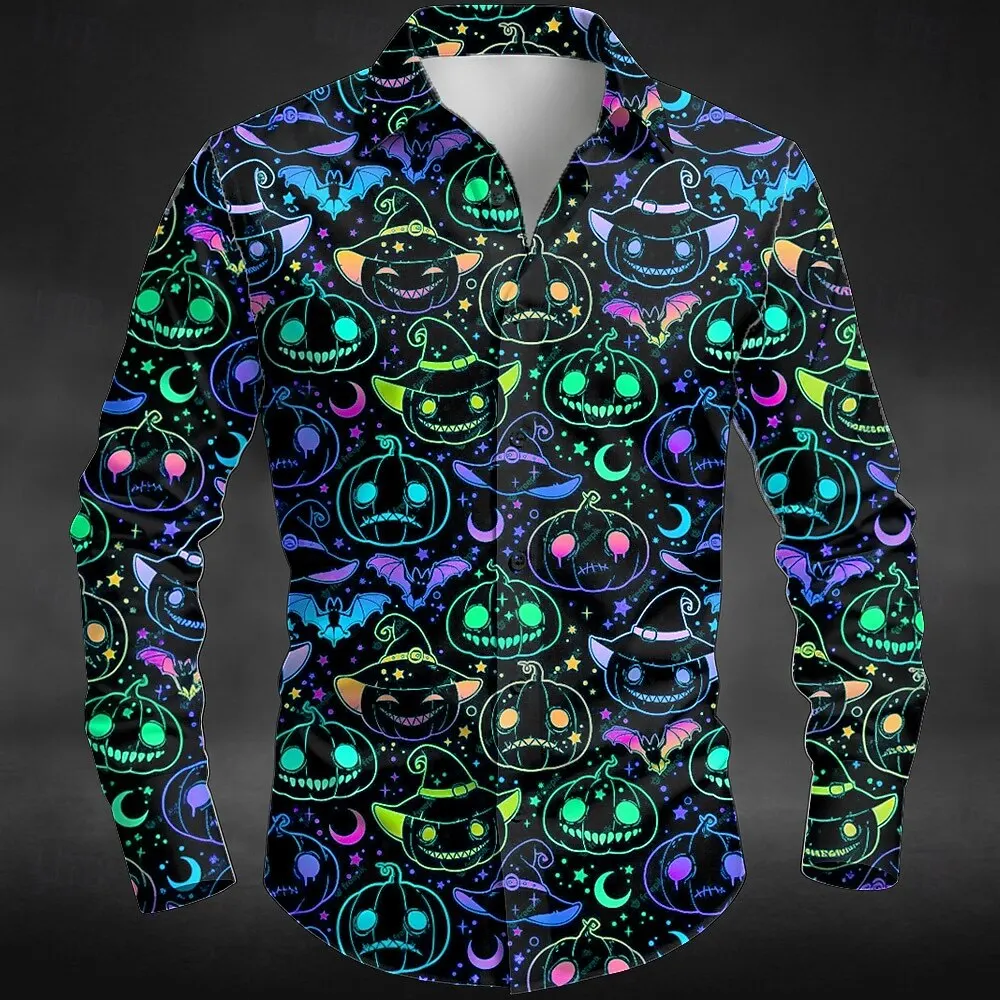 2025 Fall Winter Halloween Theme Men's Pumpkin Neon Halloween Costumes Shirt Button Up Shirt Long Sleeve Shirt Colorful Tops