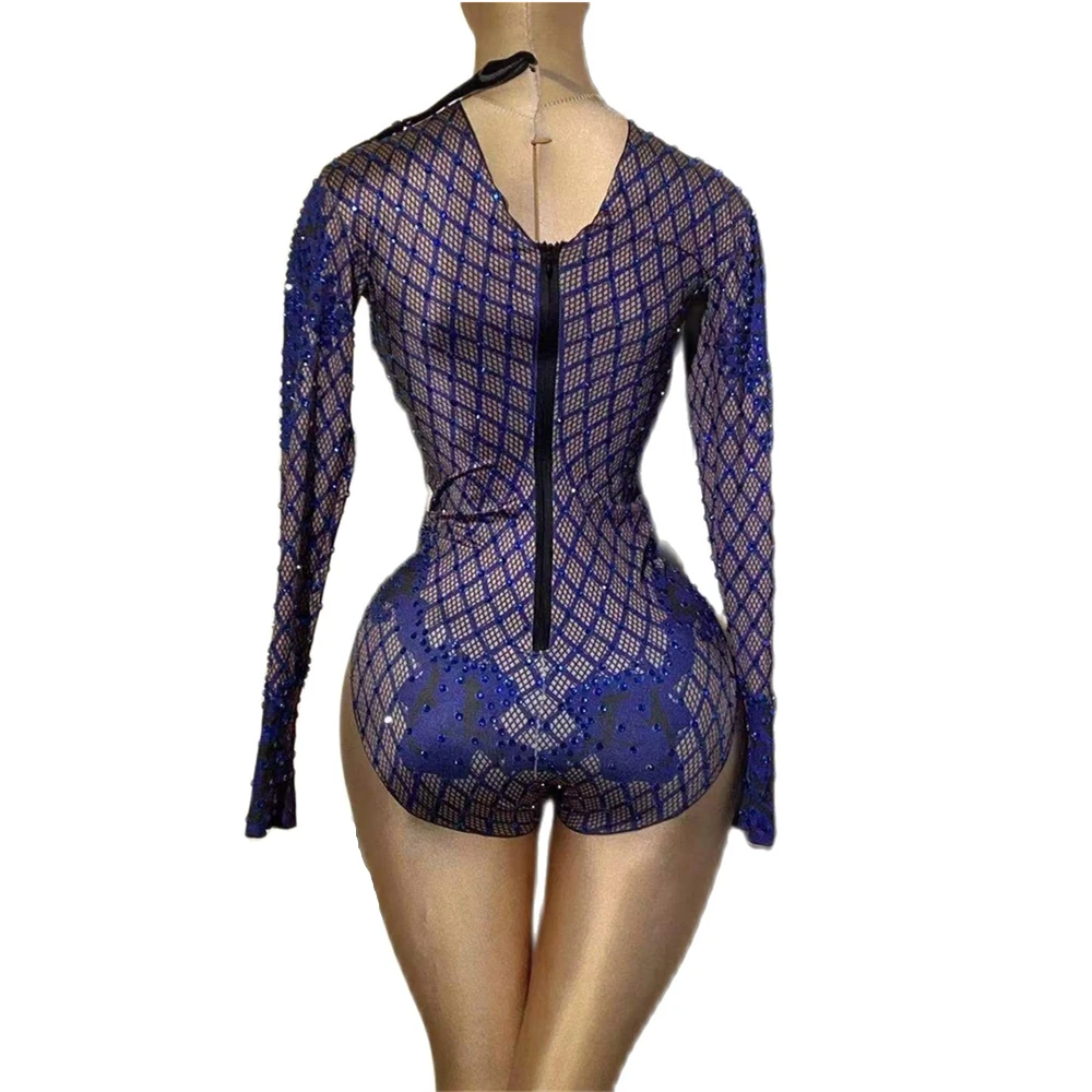 Mangas compridas azul malha bodysuits para mulheres, brilhantes strass, sexy boate roupas, roupas de DJ, palco cantor trajes, pólo veste