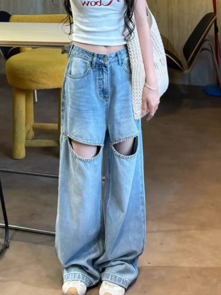 Jean ample à jambes larges pour femmes, nouveau Design d'été avec trous cloutés en diamant, taille haute décontractée, fermeture éclair, couleur Pure, résistant à l'usure