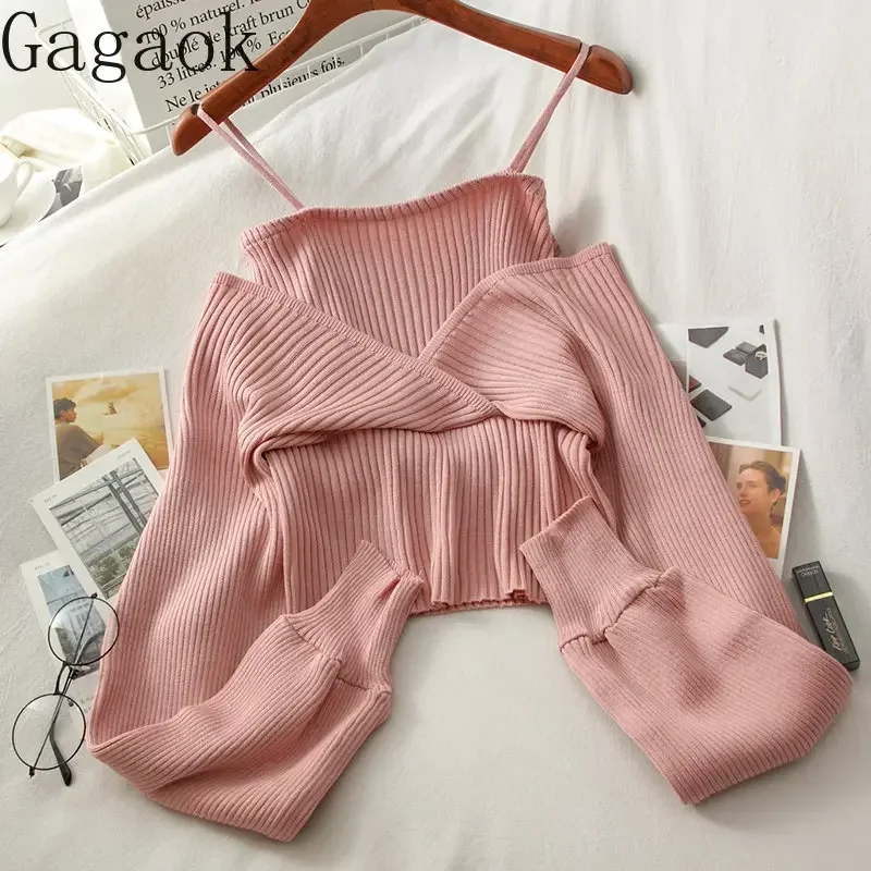 Gagaok Fake Two Sweater Women Top New V-Neck Full Sexy Knitted Sweaters Korean Short Chic Wild Fashion Pullovers