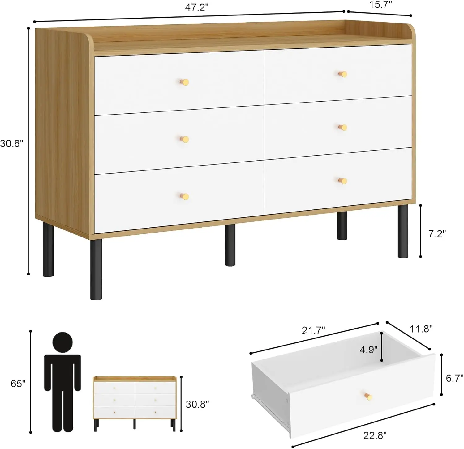 White Dresser for Bedroom, 6 Drawers Natural Wood Dresser with Golden Handles, Modern Wide Chest of Storage Organizer Drawers fo