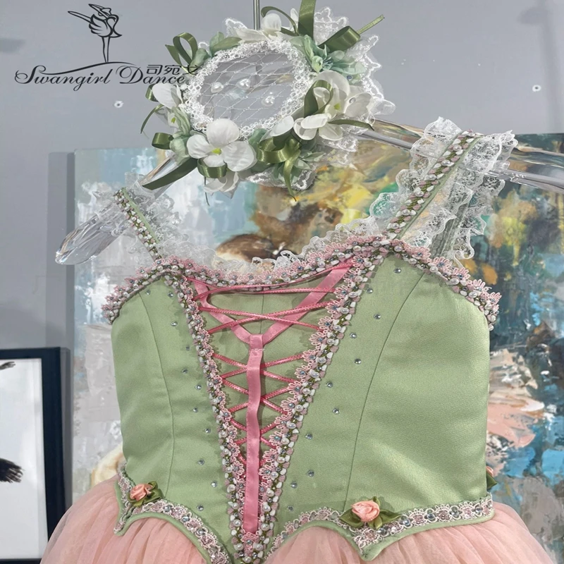 Zielono-różowa profesjonalna baletowa romantyczna sukienka dla dziewcząt baletnica BT4381