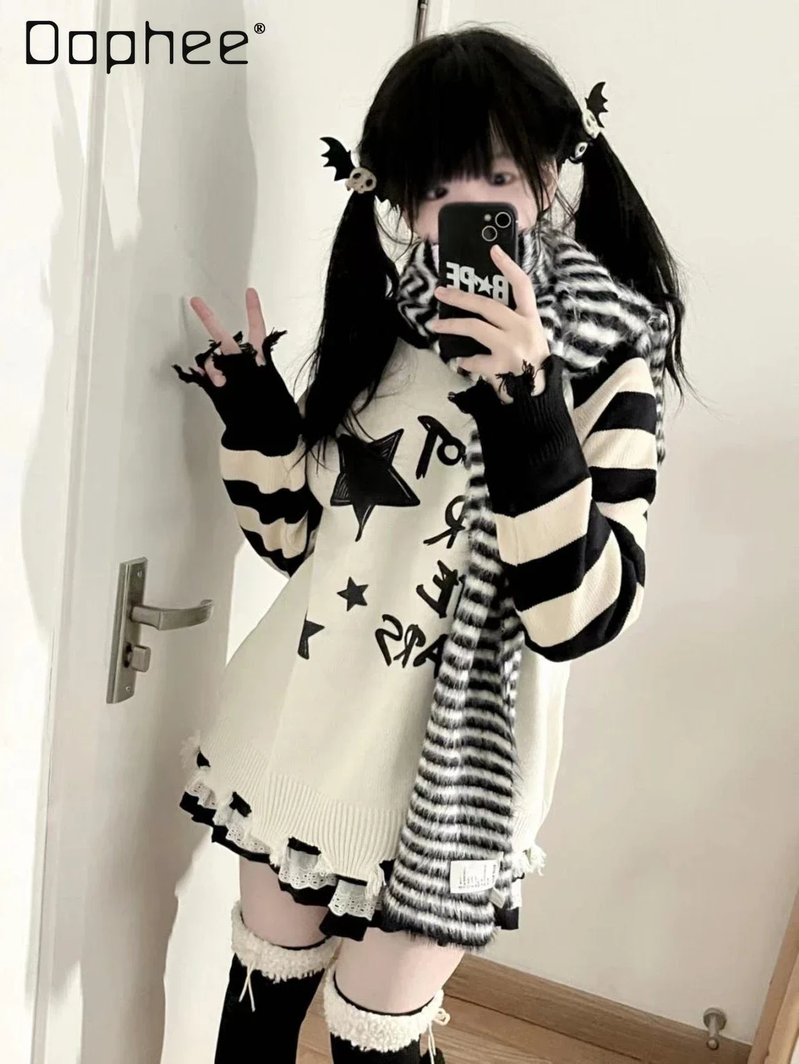 

Star Letter Print Sweater Striped Splicing Y2k Long Sleeve Round Collar Ripped Pullovers for Women Harajuku Casual Fashion