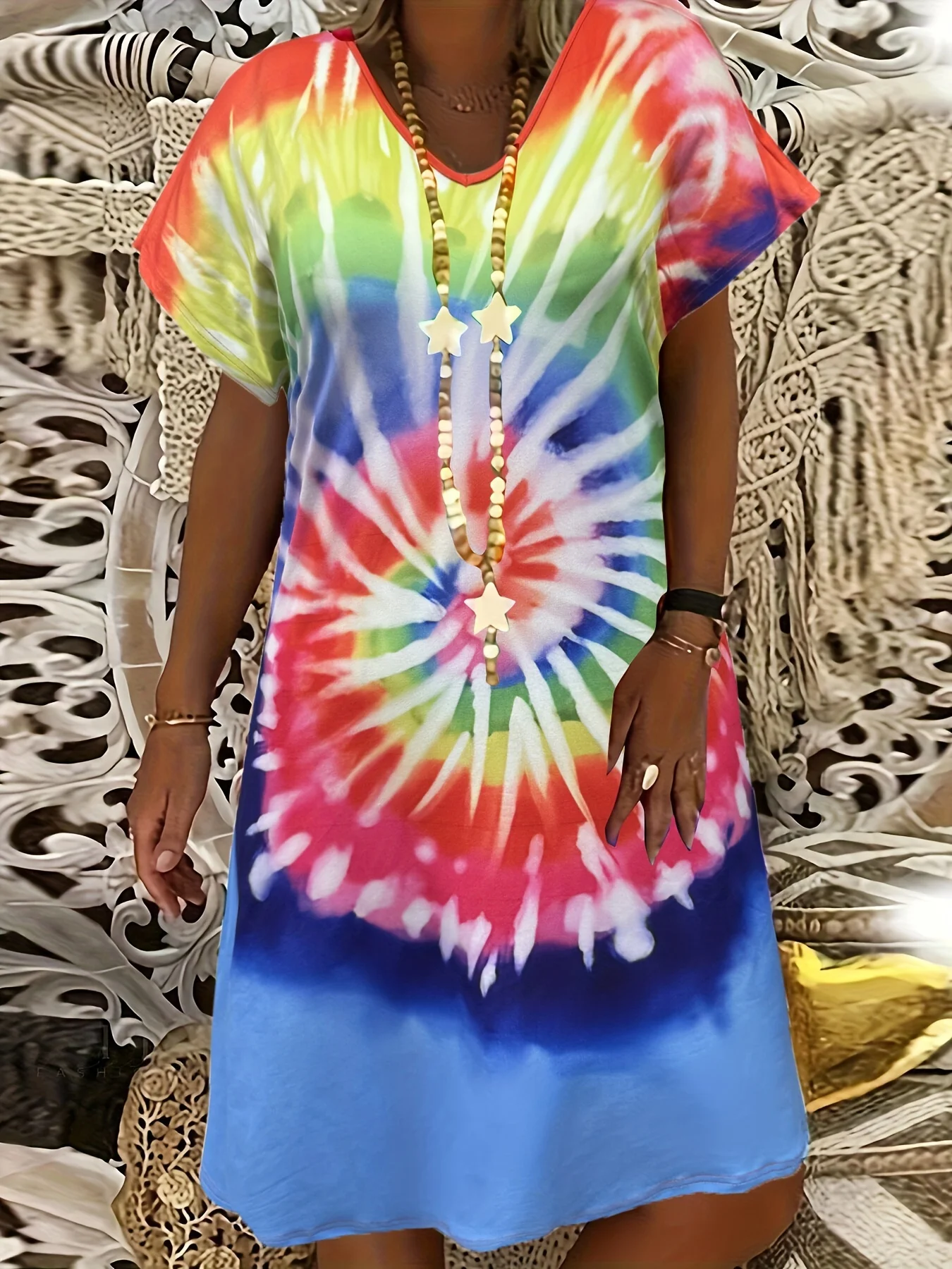 Plus Size1XL-5XLV-collar T-shirt Dress Unique Fashion Rainbow Print High Elasticity Comfortable Slightly Loose Popular Trend