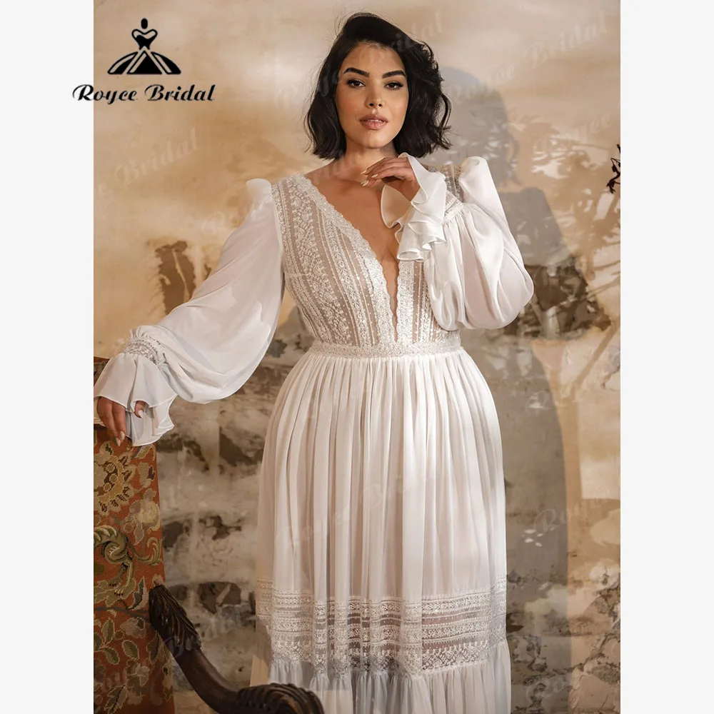 Bohemian Long Sleeve V Neck Lace Chiffon Boho Plus Size Wedding Dress Women 2025 Oversized Bridal Gown robe de mariée Customized