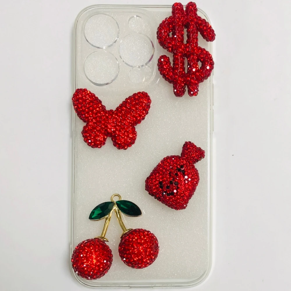 2Pcs Happy New Year Bling Red Full Rhinestone Cherry Dollar Sign Money Bag Charms Butterfly Handcrafts Diy Junk Phone Case Decor