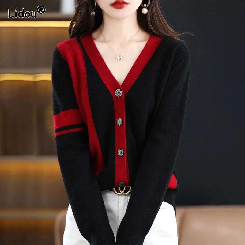 2023 New Autumn and Winter Korean Edition Patchwork Contrasting V-neck Loose Casual Oversize Long Sleeved Cardigan Sweater