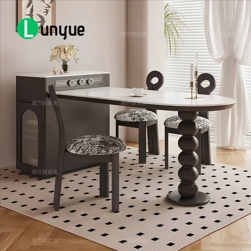 French Style Retractable Island Table Semi Circular Sintered Stone Bar Table for Small Apartment Vintage Cream Home Furniture
