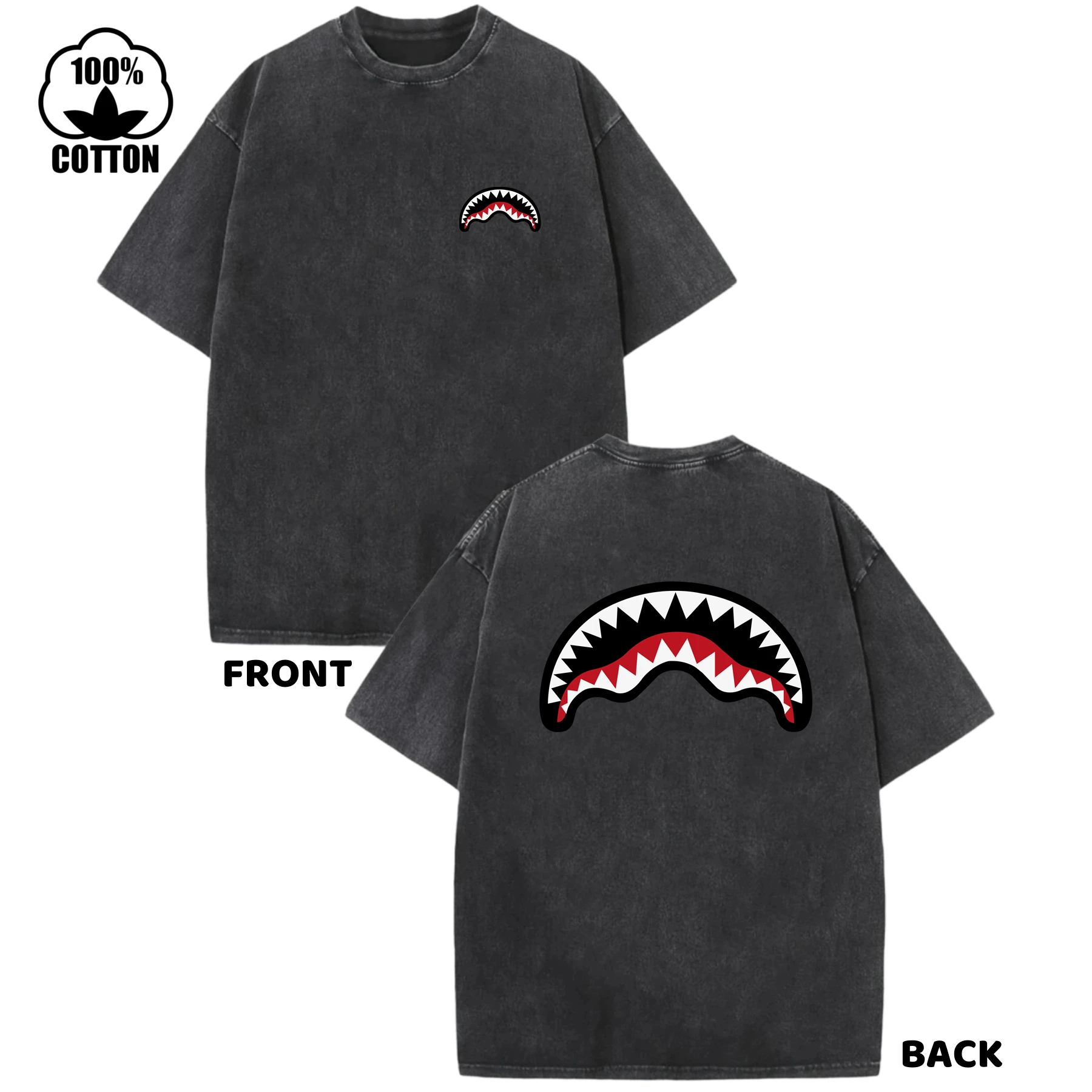 

Оверсайз-футболка с коротким рукавом и принтом «Акулий рот», 100% хлопок, свободный крой, уличный стиль, повседневная футболка для мужчин и женщин