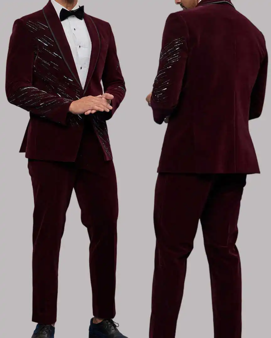 

Sparkly Men's Suits 2-Piece Beads Blazer Peaked Lapel Single Breasted Wedding Tuxedos Slim Fit Custom Made Plus Size