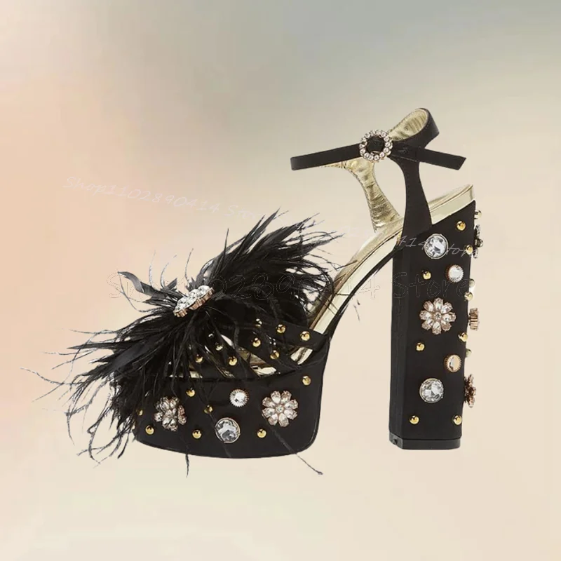 Sandales à Plateforme avec Plumes Noires et Cristaux pour Femme, Chaussures Épaisses à Talons Hauts, Nouvelle Collection 2024