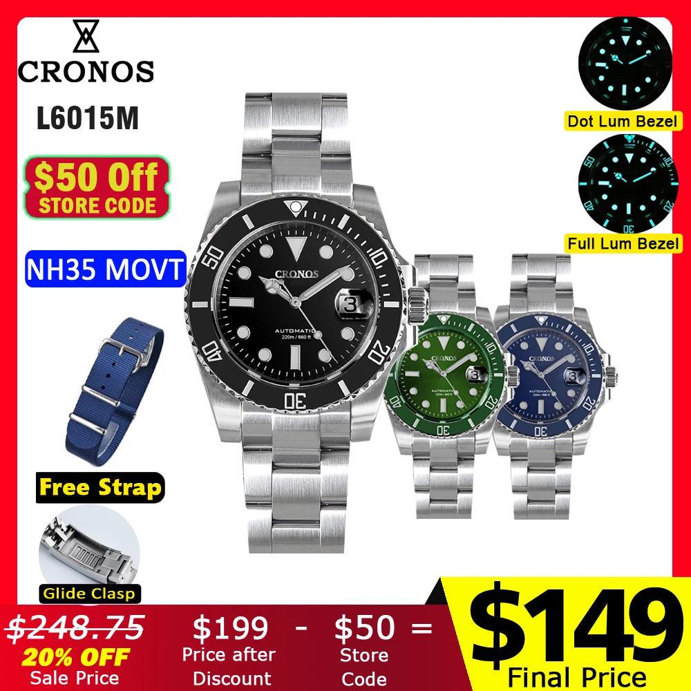 Cronos Sub Diver Men Watch Stainless Steel NH35 Brushed Bracelet Ceramic Bezel 200 meters Water Resistant Glideclasp L6015M