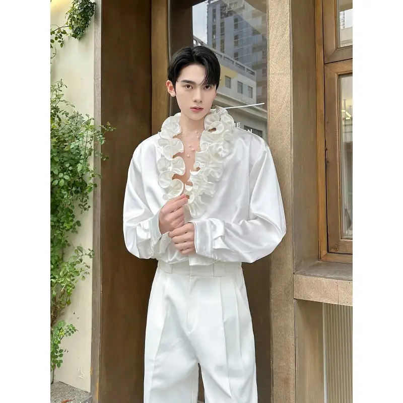 

Elegant Court Style Shirt for Men And Women with Lace Trim Pleated Fluffy Petal Collar Casual Loose Fit Long Sleeve Spring Shirt