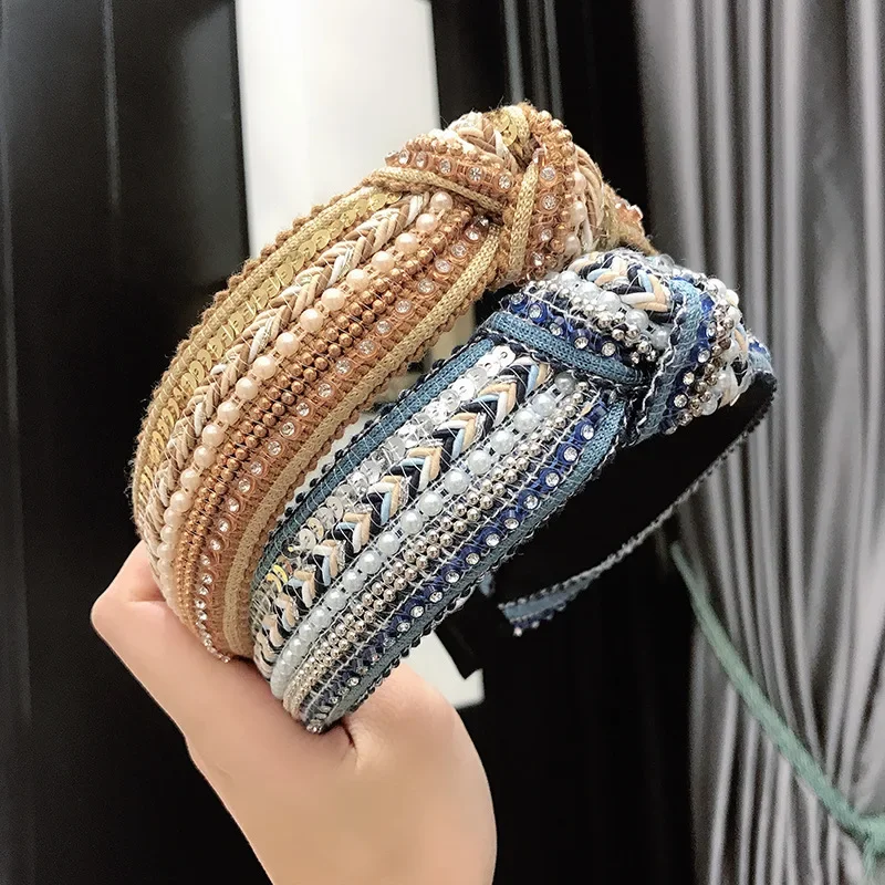 Korean  Autumn and Winter New Retro Ethnic Air Drill Knotted Headbands Rhinestone Pearl Face Wash Hair Bands Women