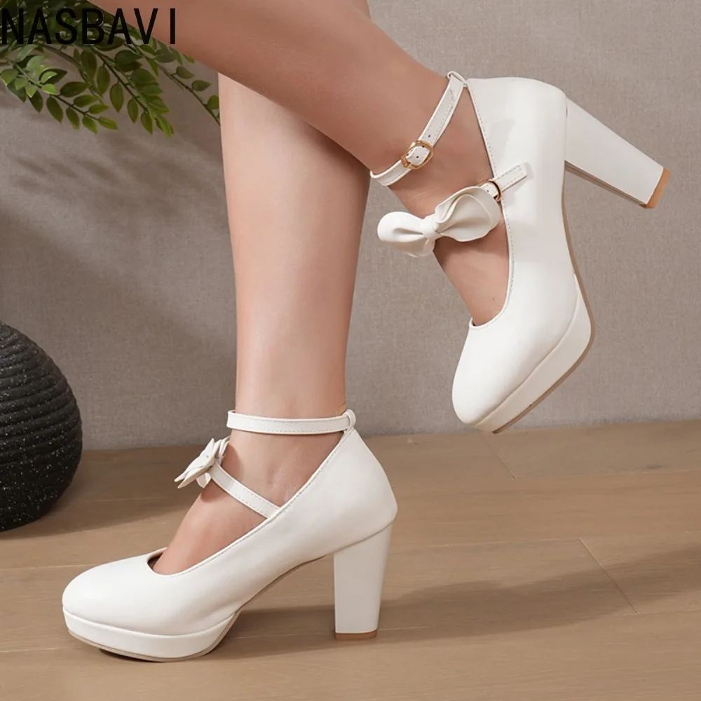 

Women High Heels Shoes Wedding Party Office Lady Shop 2026 Spring Autumn Bowknot Buckle Strap Black White Pinnk 33-45 OL