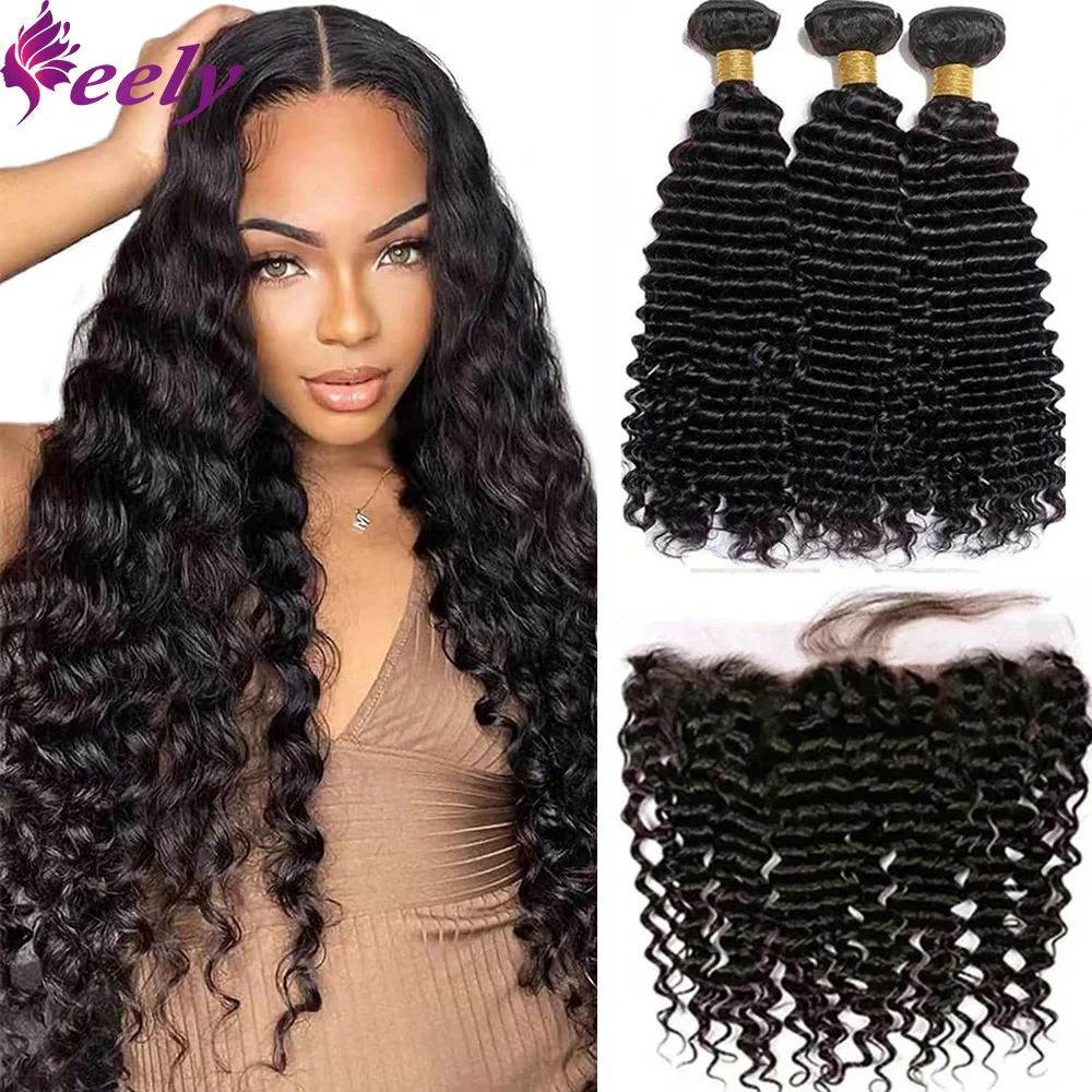 

Deep Wave Human Hair Bundles With Closure Brazilian Bundles Human Hair Extensions 30 Inch 13x4 Lace Frontal For Woman Color #1B