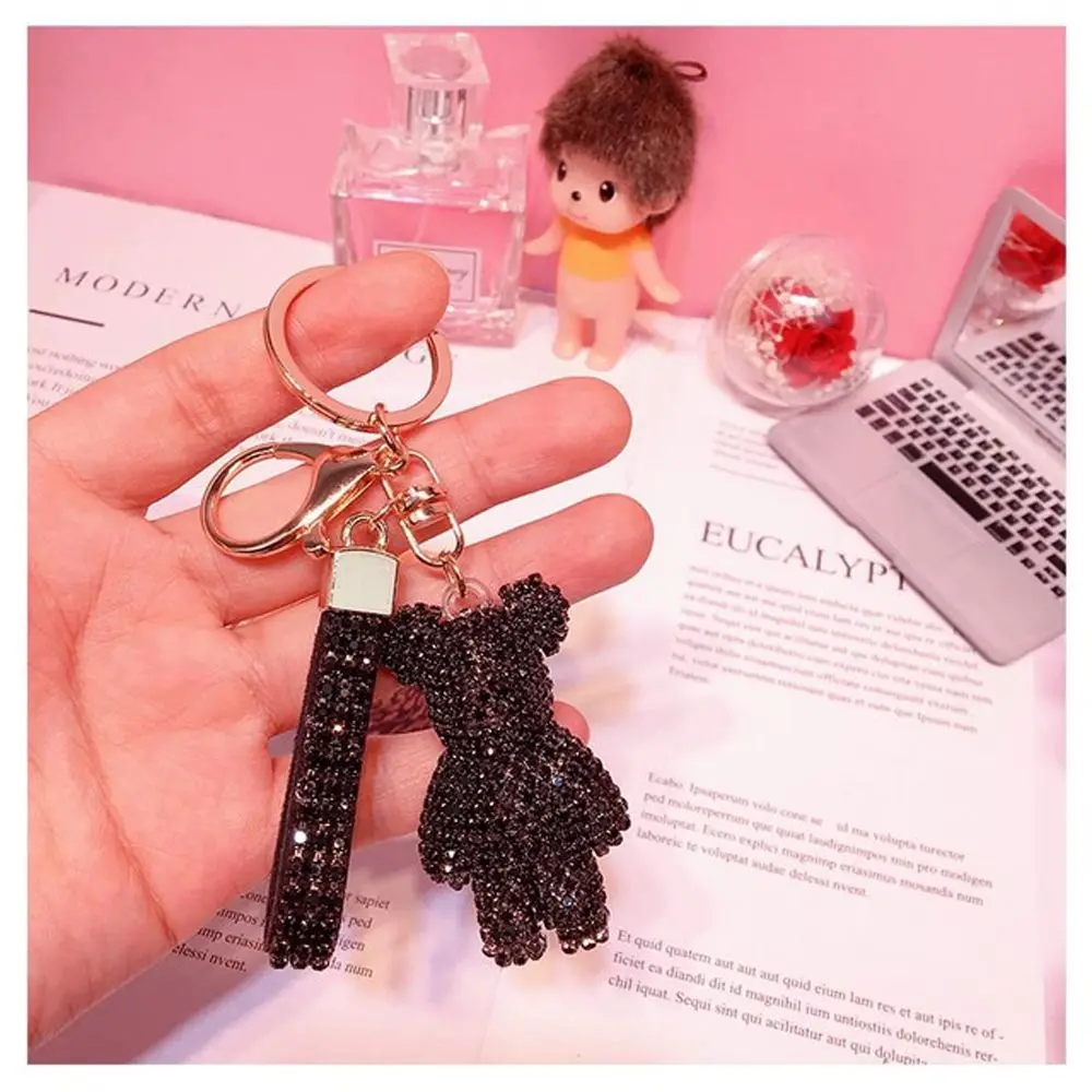 Gift Couple Key Ring Accessories Leather Strap Lanyard Bag Pendant Key Chain Rhinestone Bear Crystal Keychain Bag Charms