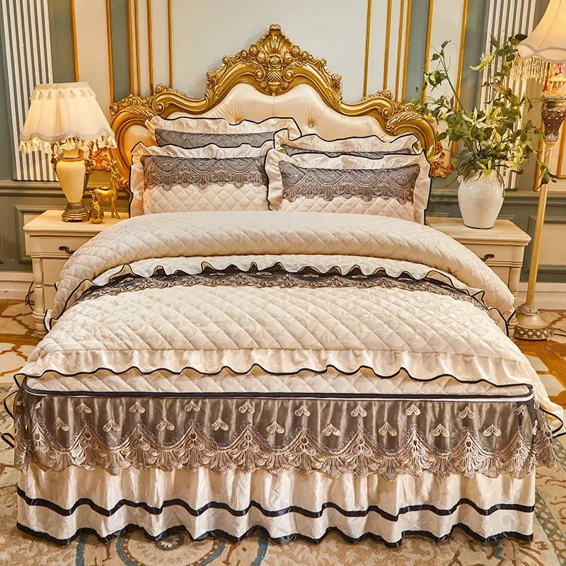 AI WINSURE-Quilted Velvet Duvet Cover Set, Double Bed King Size, Embroidery Lace Luxury Bedding Set, with 2 Pillowcases, Soft