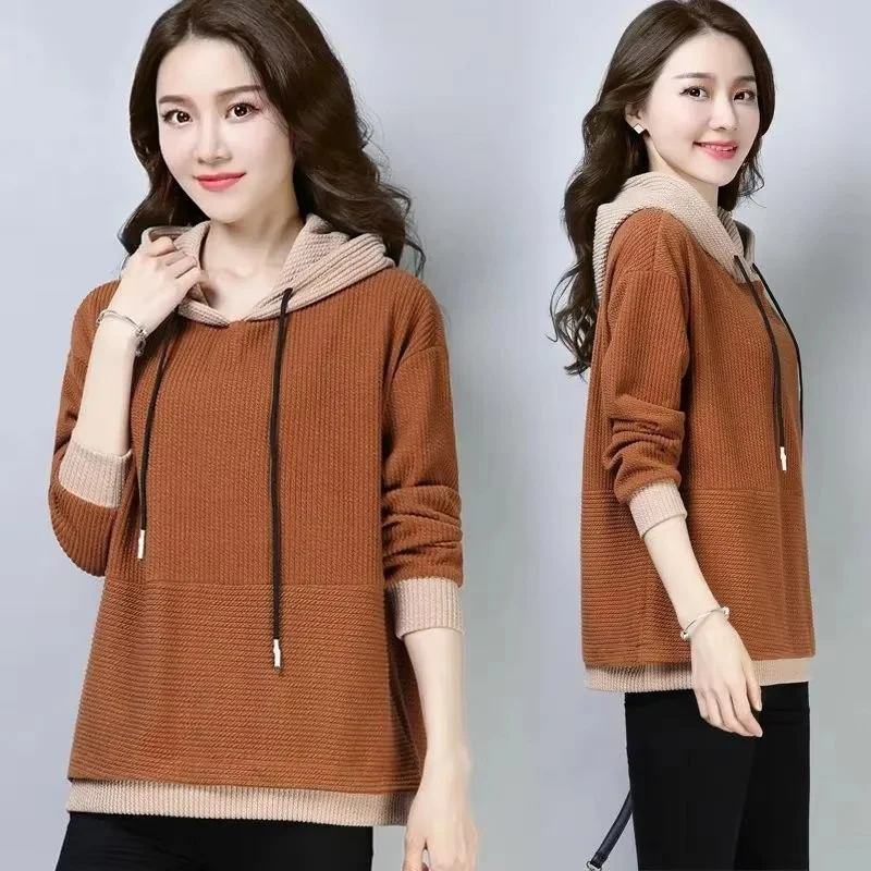 

Spring Autumn Jacket Coat Women Sweater Pullover 2024 New Fashion Color Blocked Hooded Long Sleeved Knitted Sweater Female Tops